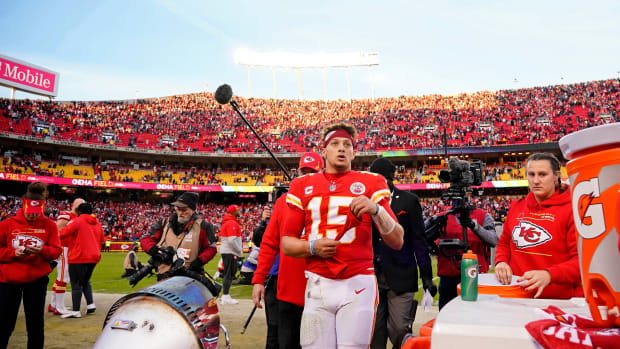 Jan 30, 2022; Kansas City, Missouri, USA; Kansas City Chiefs quarterback Patrick Mahomes (15) reacts after their loss to the Cincinnati Bengals in the AFC Championship Game against the Kansas City Chiefs at GEHA Field at Arrowhead Stadium. The Cincinnati Bengals won 27-24. Mandatory Credit: Jay Biggerstaff-USA TODAY Sports